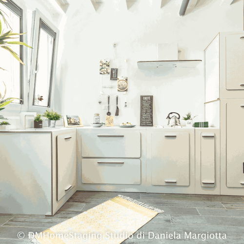 allestimento cucina home staging in cartone